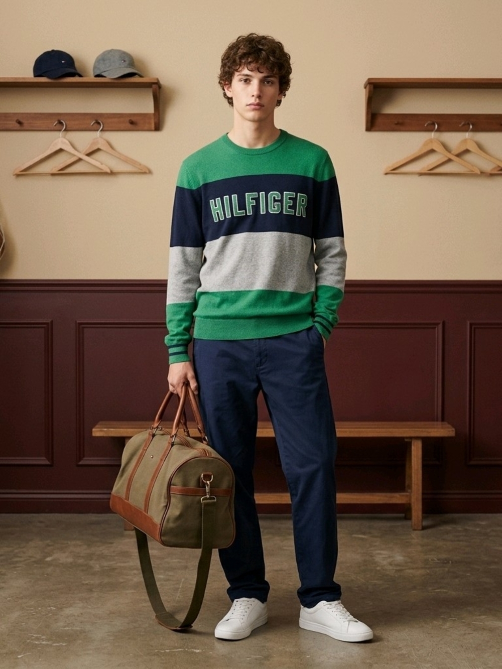 Tommy Hilfiger Green Striped Sweater Spellout Embroidered Collegiate Preppy Sz L